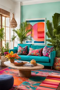 a living room with blue couches, colorful rugs and potted palm trees