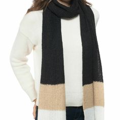 Style Co Black White Tan Soft Knit Rib Colorblock Striped Muffler Women's Scarf Size: One Size Color: Black/White/Tan Approx. Dimensions: 72" X 10" Colorblocked Stripes Created For Macy's Acrylic/Nylon/Spandex Hand Wash Imported Trendy Black Scarf For Fall, Warm Black Winter Scarf, Trendy Black Fall Scarves, Trendy Black Scarves For Fall, Black Scarves For Cold Weather, One Size, Black Winter Scarves, Casual Black Warm Scarves, Casual Warm Black Scarves, Casual Warm Black Scarf