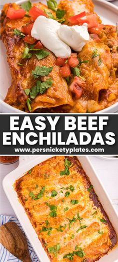 an easy beef enchiladas recipe is shown in this collage