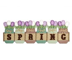 three mason jars filled with purple flowers and the word spring written in brown letters on them