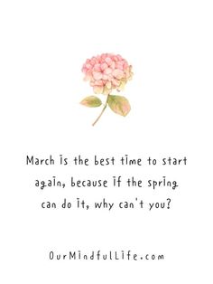 a pink flower with the words march is the best time to start again, because if the spring can do it, why can't you?