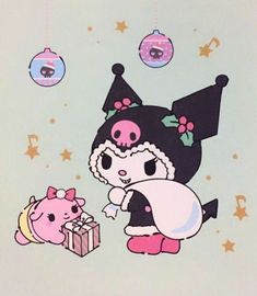 a cartoon character holding a gift box next to a pig and christmas tree ornament