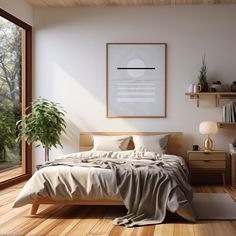 a bedroom with wood floors and white walls has a plant in the corner on the bed