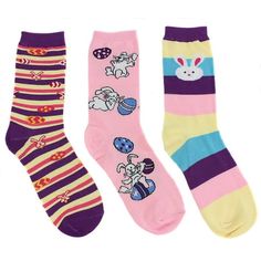 Eros women's Easter theme crew socks in a three pair value pack. Each set of three features fun designs with bunnies, chicks, hipster bunnies or bunny faces. This three pair value pack is a perfect way to treat your loved one without adding any calories to their Easter basket. These socks will make an appreciated gift for your special someone. You have three pre-packs from which to choose. They will love you for it! Socks are a US women's sock size of 9-11 which fit a US women's shoe size of 4-1 Easter Theme, Bunny Face, Fun Designs, Easter Basket, Socks And Hosiery, Socks Women, Crew Socks, Hosiery, Cool Designs