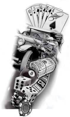 a black and white drawing of an old car with playing cards on the front wheel