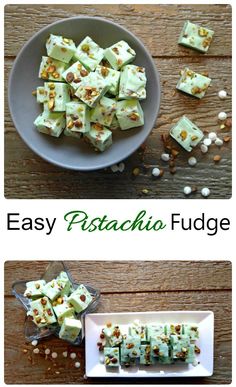 two pictures with different types of food in them and the words easy pistachio fudge