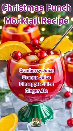 christmas punch cocktail recipe with cranberry juice, orange juice and pineapple juice