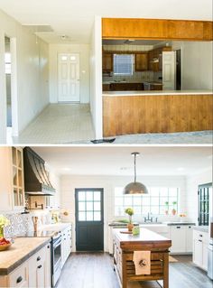 before and after pictures of a kitchen remodel with white cabinets, wood floors, and black doors