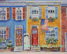 a painting of an american flag hanging on the side of a building with windows and shutters