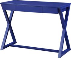 a blue desk with two drawers on each side and one drawer at the top that has an x - leg design