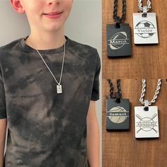 Looking for a cute gift for little sports player? This necklace is the perfect idea, engraved with name of the little man and his favorite sport.  This necklace is made from quality materials, durable for kids. Its waterproof and hypoallergenic, it will not tarnish or change color. Makes a great kids birthday or Christmas gift! * Material: Stainless steel * Color: Silver, gold or black * Finish: Brushed or mirror * Size of pendant: 25mm x 15mm * Chain style: 2mm rope chain  * Custom engravable, Necklace For Boys, Basketball Jewelry, Necklace For Kids, Jewelry For Kids, Gift Envelope, Kids Soccer, Football And Basketball, Great Birthday Gifts, Personalized Initials