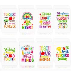 six cards with different sayings on them, each featuring an apple and teacher's heart