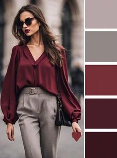 Deep Autumn Work Outfits, Maroon And Grey Outfit, Red Colour Combinations Outfit, Maroon Color Combinations Outfits, Maroon Jacket Outfit, Maroon Colour Combination