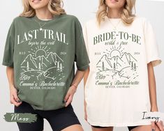 Camping Bachelorette Party Shirts, Bachelorette Weekend, Lake Hiking Bachelorette, Last Trail Before the Veil, Mountain Bachelorette Party 🌻 Visit our store to find more designs and gift ideas! ❗️❗️❗️DISCLAIMER❗️❗️❗️ Due to lighting effect and computer color, the actual color may be slightly different from the picture, please understand. Due to the nature of the production, the glittery effects might not be exactly as the mockup. However, items with low resolution images, poor printing quality would be replaced for the benefit of customers. 🌹 MATERIAL & FEATURES: 👉 Bella Canvas 3001 Tee - 100% Airlume combed and ringspun cotton (fiber content may vary for different colors) - Light fabric (4.2 oz/yd² (142 g/m - Runs true to size - Retail fit - Solid colors are 100% cotton except Ash - 99 Hiking Bachelorette Party Ideas, Bachelorette Hiking Ideas, Summer Mountain Bachelorette Party, Mountain Bachelorette Party, Bachelorette Mountain Weekend, Bachelorette Hike, Hiking Bachelorette Party Shirts, Glamping Bachelorette Party, Bridal Party Gift Bag