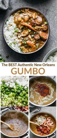 the best authentic new orleans gumbo recipe is shown in this collage with pictures