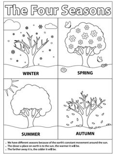 four seasons worksheet for kids to learn how to draw trees and flowers in the winter