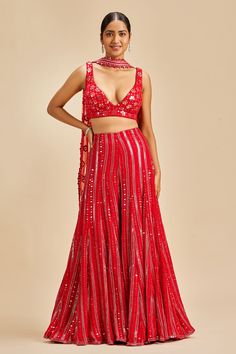 Shop for these amazing collections of Red Crop Top And Sharara: Georgette Embroidery Patra Leaf Neck Set For Women by Nitika Gujral online at Aza Fashions. Crop Top Sharara Set, Sharara With Crop Top, Bridesmaid Outfits, Embroidered Sharara, Haldi Outfits, Mehendi Outfits, Sharara Suits