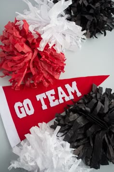 three red and white pom poms with the word go team on them