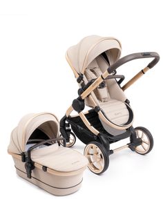 two baby strollers, one in beige and the other in black