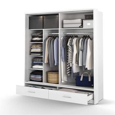 a white closet with drawers and clothes on it