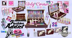 an assortment of cosmetics and makeup products displayed on a white background with the words, girly corner 2 fashion addict