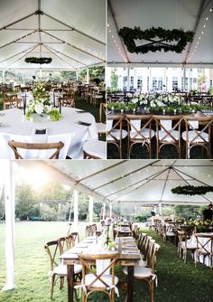 the tables and chairs are set up for an outdoor wedding reception under a large tent