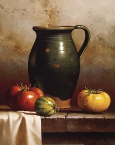 a painting of tomatoes and a vase on a table