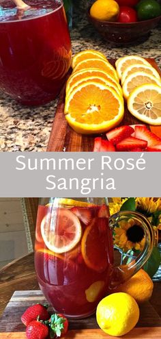 a pitcher of sangria next to sliced oranges and strawberries