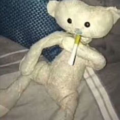 a white teddy bear sitting on top of a bed holding a toothbrush in it's mouth