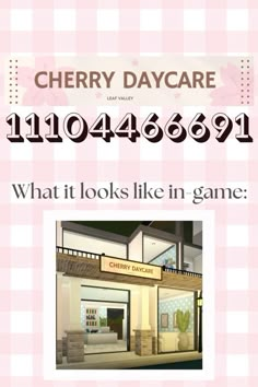 the cherry day care sign is displayed in front of a pink and white checkered background