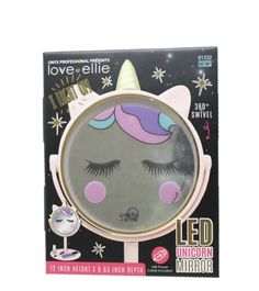 the unicorn makeup mirror has long eyelashes on it's face and is shaped like a cat