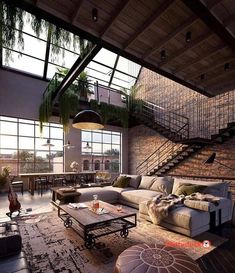 a living room filled with furniture next to a brick wall covered in plants and windows