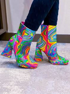 These gorgeous statement boots are a must have for every fashionista. Featuring a vibrant marble multi colored detail and stacked heel for that sassy and classy look. Finished with a lightly padded insole and easy slide style.Material: PVC (man-made)Sole: Synthetic Measurement Heel Height: 4” (approx) Boots Aesthetic, Sassy And Classy, Boots For Ladies, Statement Boots, Outfit Boots, New Rock, Crazy Shoes, How To Look Classy