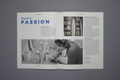 an open magazine with pictures of people in the process of making items and writing on it