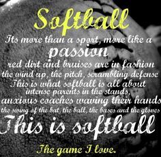 a baseball with the words softball written in yellow on it and an image of a ball