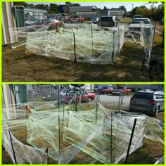 there are two pictures of an outdoor area with plastic covering the ground and cars parked in the background