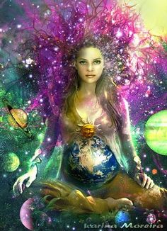 a woman sitting in the middle of a tree surrounded by planets