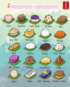 an image of different desserts on trays with the names in english and japanese