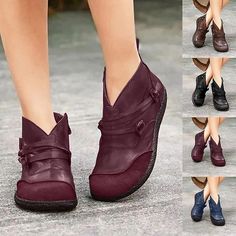 Casual Leather Boots, Burgundy Boots Ankle, Flat Leather Boots, Popular Boots, Elegant Flats, Ankle Boots Flat, Casual Heels, Leather Boots Women, Martin Boots