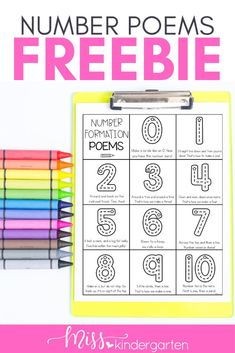 a printable number poem is shown with colored pencils next to it and the words,