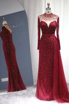 Elegant Long High Collar A-Line Beading Floor Length Tulle Homecoming – YESBABYONLINE Tulle Prom Dress With Sleeves, Dresses Elegant Long, Prom Dresses Burgundy, Red Prom Dress Long, Tulle Prom Dresses, Burgundy Prom Dress, Red Prom, Affordable Dresses, Prom Dresses With Sleeves