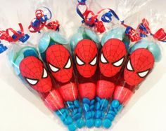 spiderman candy lollipops in cellophane bags with blue and red candies