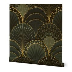 an art deco style wallpaper with gold and green fan shapes on black canvas print