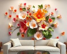 a living room with flowers on the wall