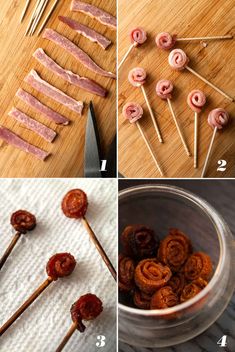 four pictures showing how to make bacon wrapped lollipops with toothpicks