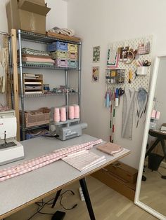 a sewing machine sitting on top of a table next to a wall mounted sewing rack