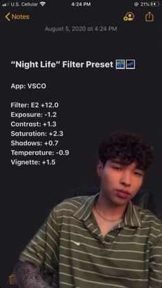 a man sitting in front of a computer screen with the text night life filter preset