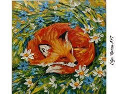 a painting of a sleeping fox surrounded by daisies