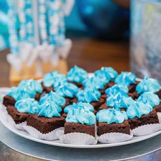 Fudge Brownie Bite | Custom Color - Sweet E's Bake Shop - The Cupcake Shop Blues Clues Dessert Table, Gender Reveal Brownies, Gender Reveal Dessert Table, First Birthday Brunch, Cake Puck, Gender Reveal Dessert, Dessert Catering, Baby Shower Sweets, Brownie Frosting