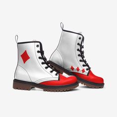 Poker Card Boots Red Diamonds Red White Ace of Diamonds Vegan Leather Lace Up Combat Boots Poker Player Deck of Cards Shoes  Faux leather Rubber sole Faux Leather Padded collar for added comfort Lace-up front Wide Fit PROCESSING : -Your Boots are made to order, meaning we print them special just for you when your order is placed. Please allow 2 - 7 business days for us to print your Boots. -The average shipping time is 7 - 20 business days depending on the delivery destination. Card Themed Outfit, Red Winter Boots With Round Toe, Red Boots With Round Toe For Winter, Red Round Toe Boots For Winter, Red Faux Leather Closed Toe Boots, Red Leather Ankle Martin Boots, Red Leather Martin Boots For Winter, Red Casual Combat Boots With Round Toe, Casual Red Combat Boots With Round Toe